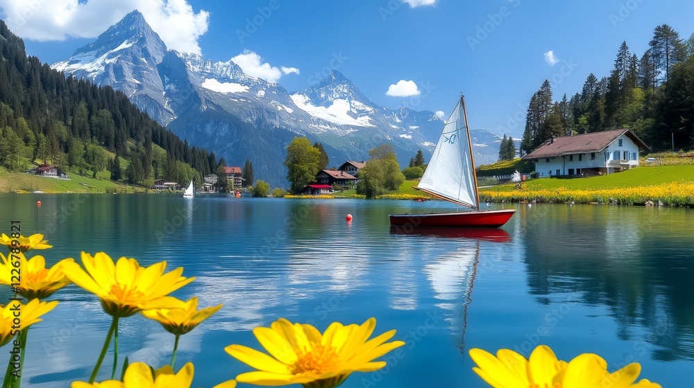 Poster small red boat is floating on a lake in front of a mountain range. the scene is serene and peaceful,