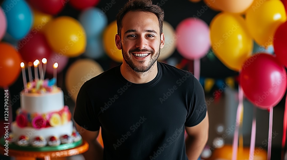 Poster man is smiling in front of a birthday cake and a bunch of balloons. the balloons are in various colo
