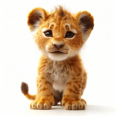 Obraz premium Adorable Baby Lion Cub Cute Wild Cat Kitten Sitting White Background