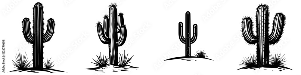 Poster black and white illustrations of different types of cacti in a desert landscape with a simple design