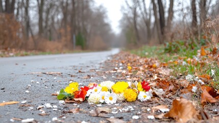 Obraz premium Roadside memorial flowers, autumn park, somber scene, sympathy