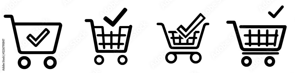Aufkleber cart symbols indicating successful selection process for online shopping with check marks in a digit
