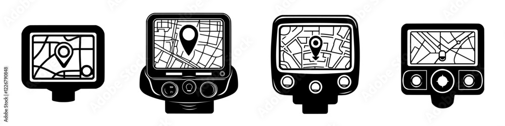Poster collection of navigation devices displaying various map layouts and location markers