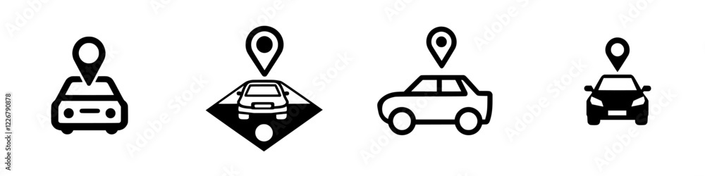 Poster symbols representing vehicle location tracking on a digital map platform in a minimalist design
