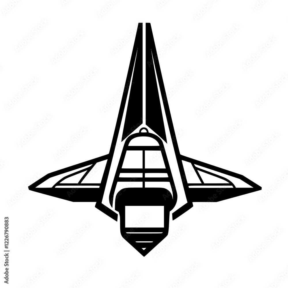 Poster design of a spacecraft illustrating a sleek profile and aerodynamic features set against a simple ba