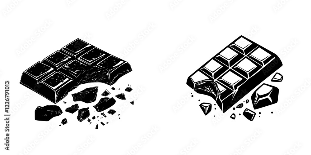 Poster Chocolate bars with bites taken out and broken pieces on a white background create a contrast of textures and shapes