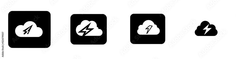 Poster weather icons representing different levels of thunderstorms and lightning activity in a minimalist 