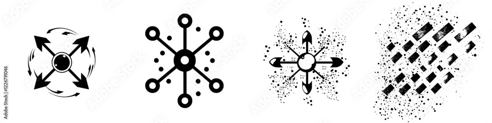 Poster abstract black and white graphics illustrating various concepts of movement, connection, and disinte