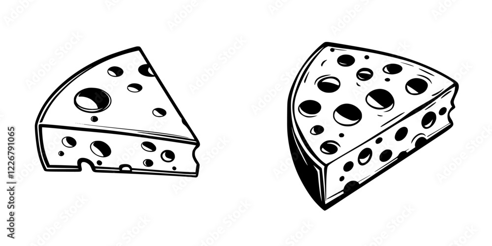 Poster two distinct cheese wedges illustrated with holes, emphasizing texture and shape in a simple design