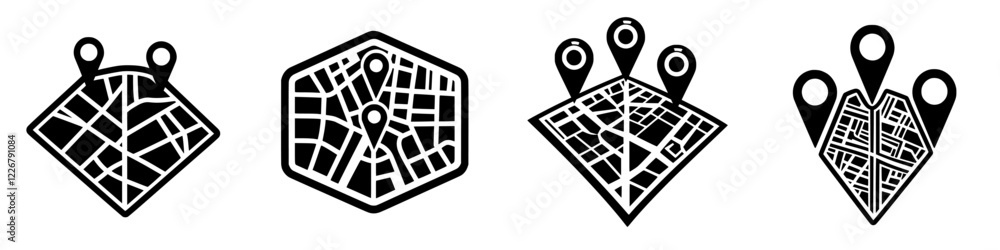 Poster unique set of map icons depicting various styles of location markers and mapping arrangements