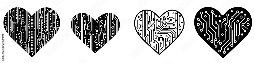 Poster four hearts designed with circuit patterns representing the fusion of technology and emotion