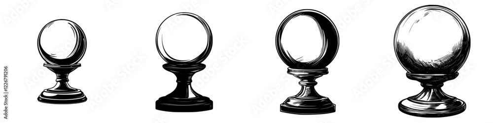 Poster unique decorative crystal balls of varying sizes on elegant stands arranged in a harmonious display