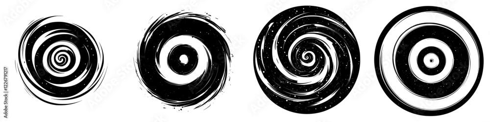 Poster swirling abstract patterns in black and white showcasing dynamic movement and energy