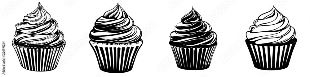 Poster decorative black and white sketches of cupcakes with swirled frosting in various styles and designs 
