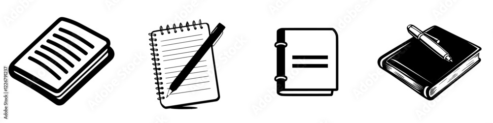 Poster collection of various notebook designs illustrating different styles of paper and binding types for 