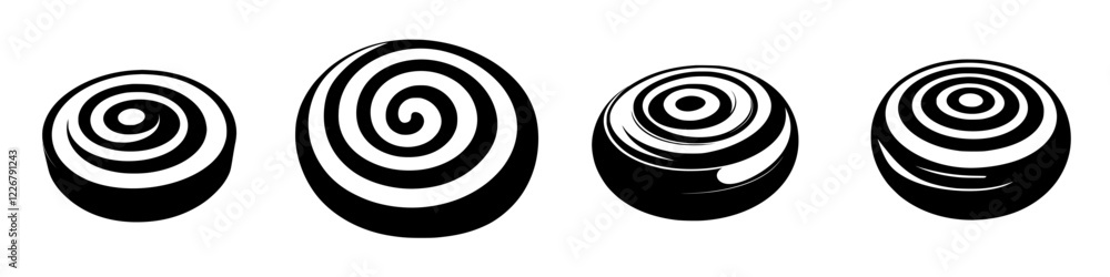 Poster swirling patterns of black and white design featuring circular shapes with varying spiral motifs