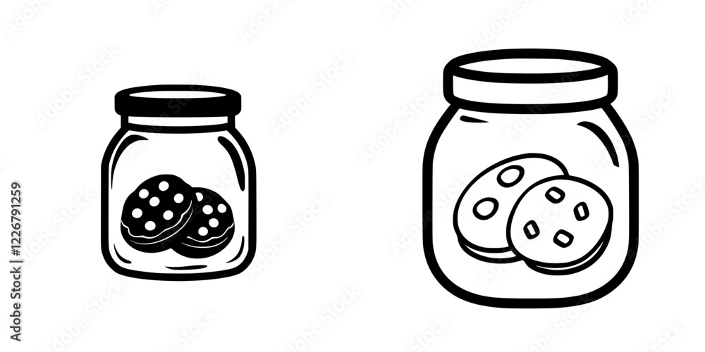 Poster cookies stored in jars with a minimalist design captured in black and white line art