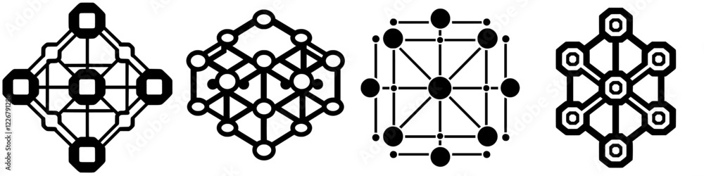 Poster geometric network patterns showcasing interconnectivity and design in black and white
