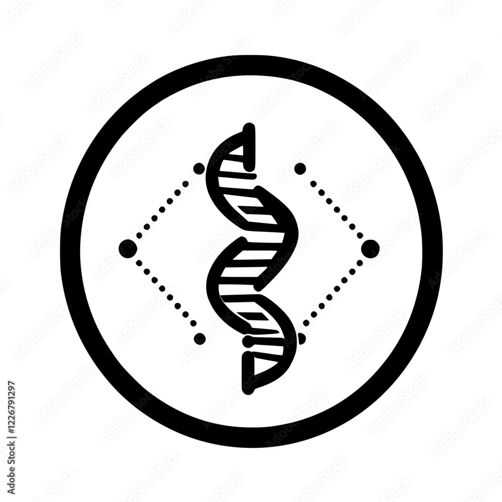 Poster symbol of genetic research featuring a dna helix in a circular design with dots and lines indicating