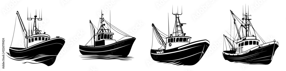 Poster tugboats of various designs navigating through calm waters during midday, showcasing different shape