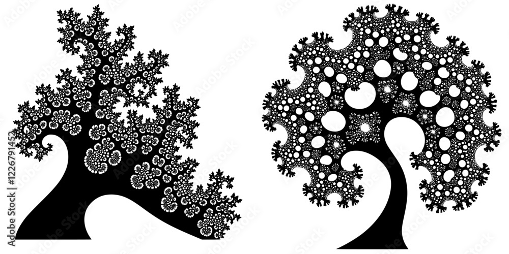 Poster intricate black and white fractal trees displaying unique patterns and shapes in a minimalist style