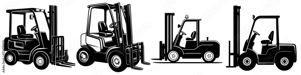 Poster variations of forklifts showcasing different designs and functionalities in warehouse operations