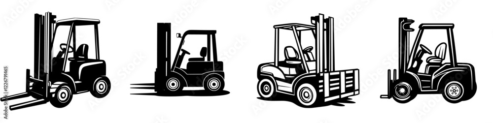 Poster various types of forklifts positioned in a row showcasing differences in design and functionality fo