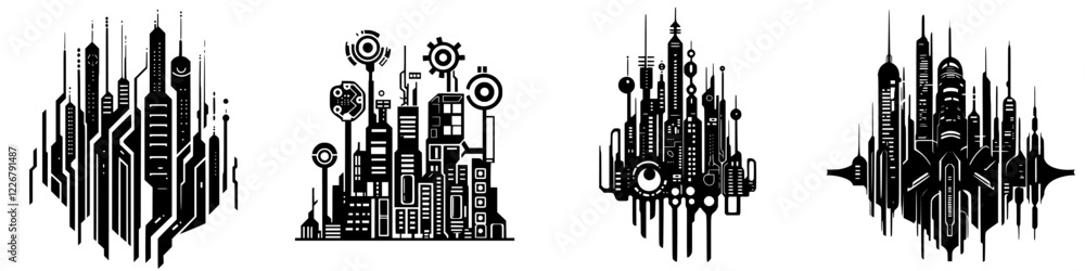 Poster urban skyline design featuring futuristic architecture and abstract elements in black and white colo