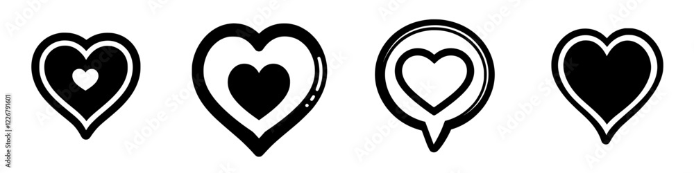 Poster multiple decorative heart icons showcasing various styles in a minimalist design suitable for romant