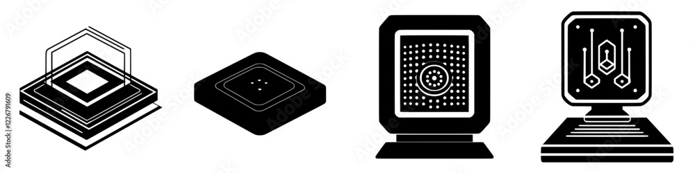 Poster illustrations of computer hardware components showcasing various designs and structures for digital 