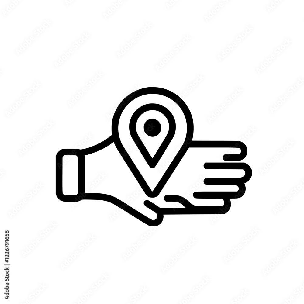 Poster hand with location pin indicating a specific spot for navigation purposes