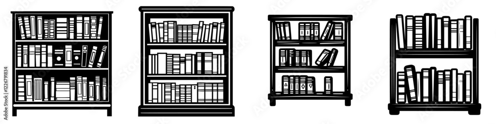 Poster various styles of bookshelves displaying an assortment of books in a minimalistic design