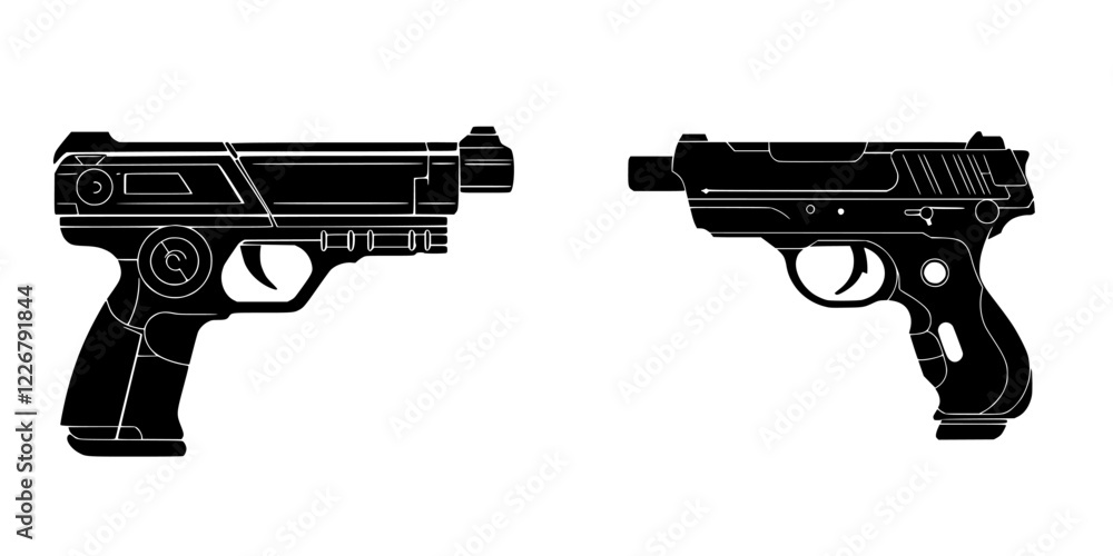 Poster comparison of two handgun designs showcasing different features and shapes