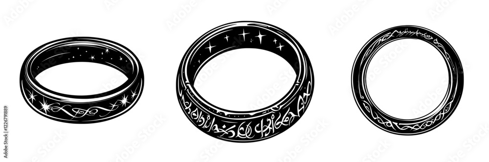 Aufkleber intricate designs on various rings showcasing detailed patterns and glowing effects in a dark settin