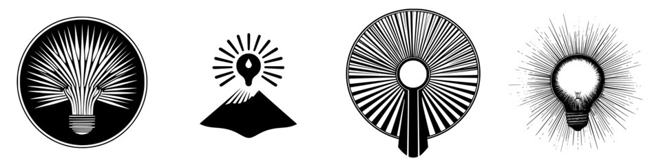 Unique light bulb illustrations featuring sunrays and mountain designs showcasing creativity and artistic flair