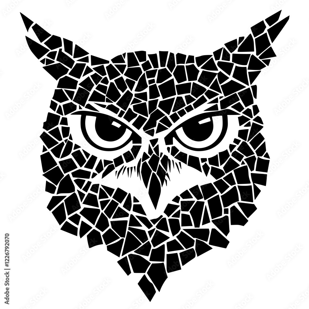 Poster detailed black owl mosaic design showcasing intricate patterns and sharp features