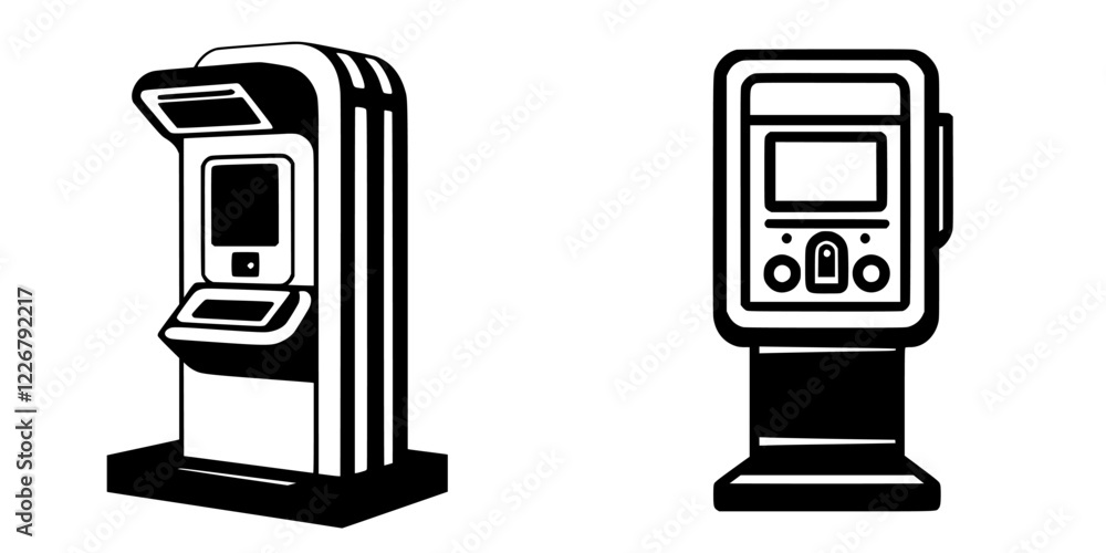 Poster comparison of two types of self-service kiosks displayed against a plain background during daytime