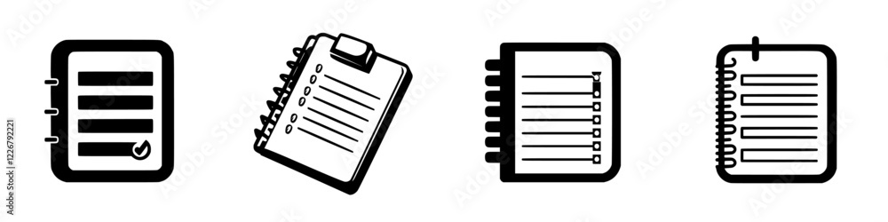 Poster collection of various notepad designs featuring checkboxes and list formats for organization and not