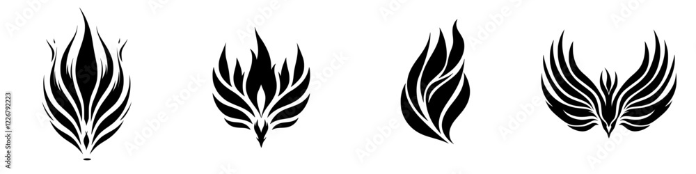 Poster unique collection of abstract flames and feathers in black and white design showcasing distinct styl