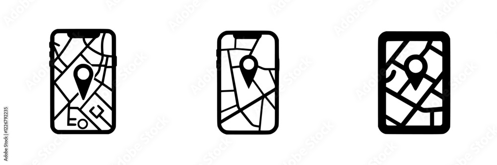 Poster three smartphone icons representing various map layouts and navigation symbols in a modern design