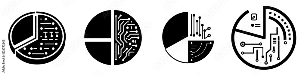 Poster intricate circular designs featuring digital circuit patterns in black and white on a plain backgrou