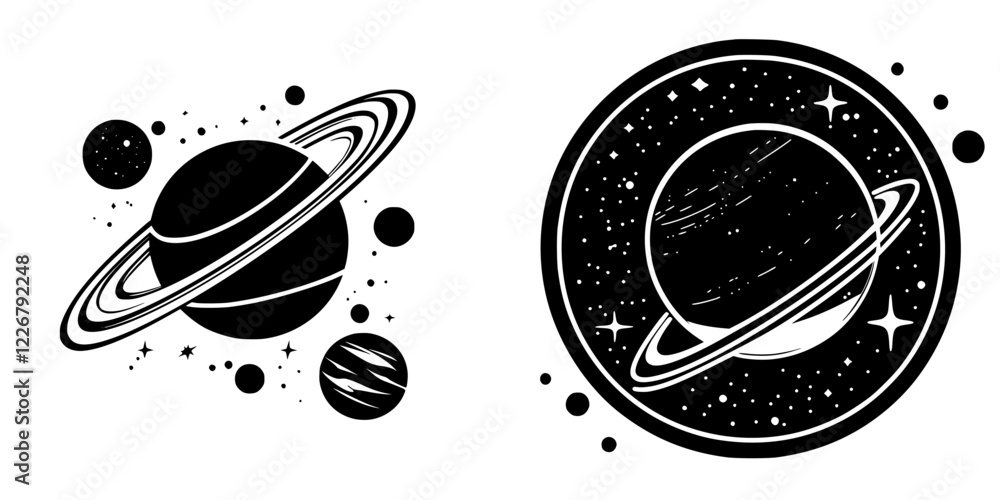 Aufkleber artistic representations of planets featuring saturn in cosmic settings with stars and orbits during