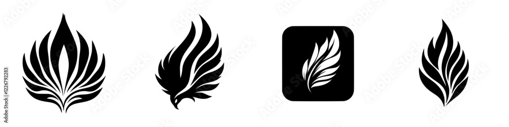 Poster abstract designs featuring stylized feathers in various orientations and formats on a plain backgrou