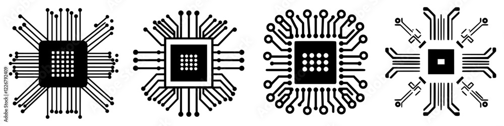 Poster multiple illustrations of microchips displaying different designs and layouts used in technology dev