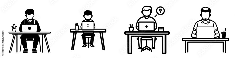 Poster individuals engaged in various work activities at computer desks in a minimalist office setting