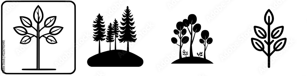 Poster various minimalist tree designs representing nature and growth in different styles and shapes