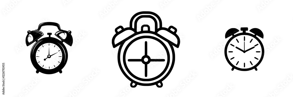 Poster three distinct clock designs displayed in black and white illustrating timekeeping concepts and styl