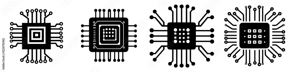 Aufkleber collection of black and white microchip designs showcasing intricate circuit patterns and technology