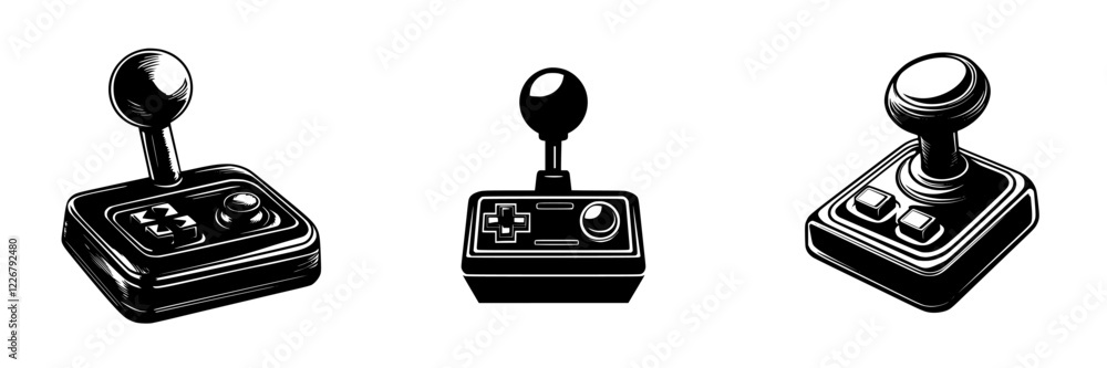 Aufkleber different types of vintage gaming controllers displayed on a plain background
