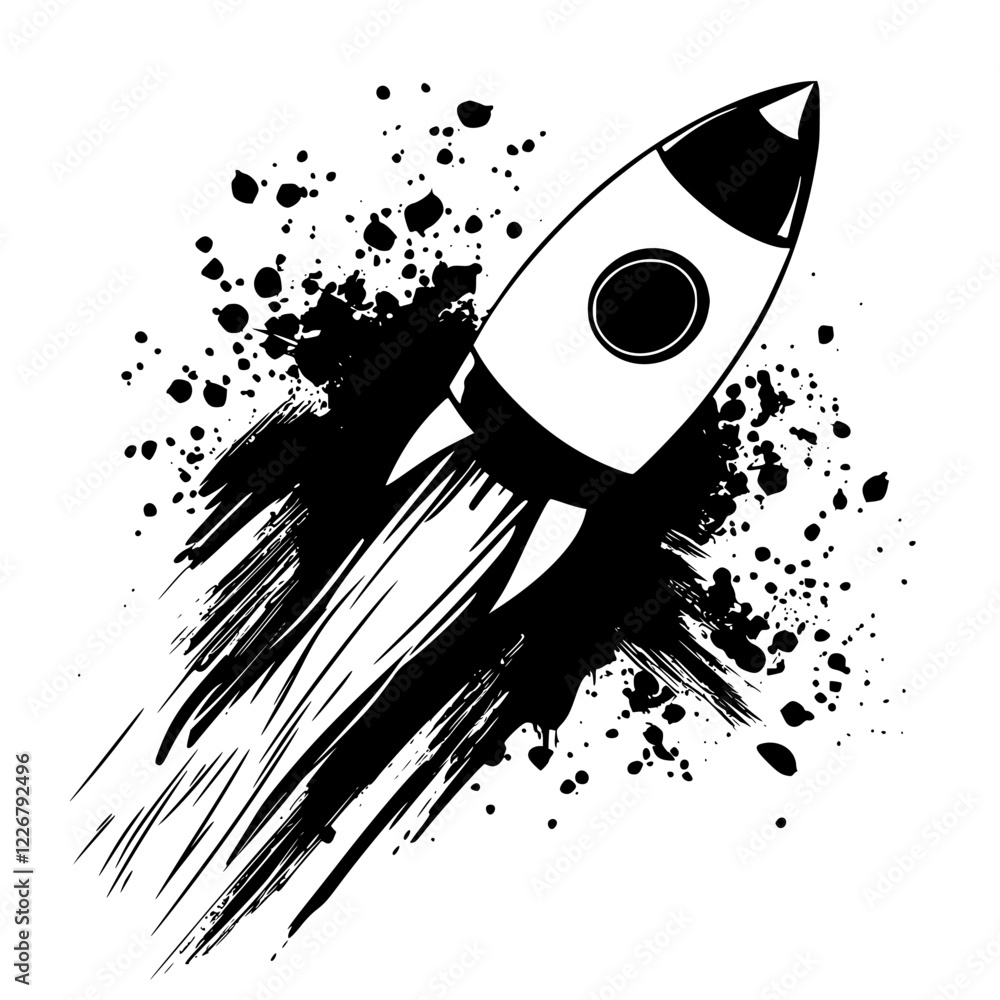 Poster rocket launching in black and white with explosive graphics and creative design elements